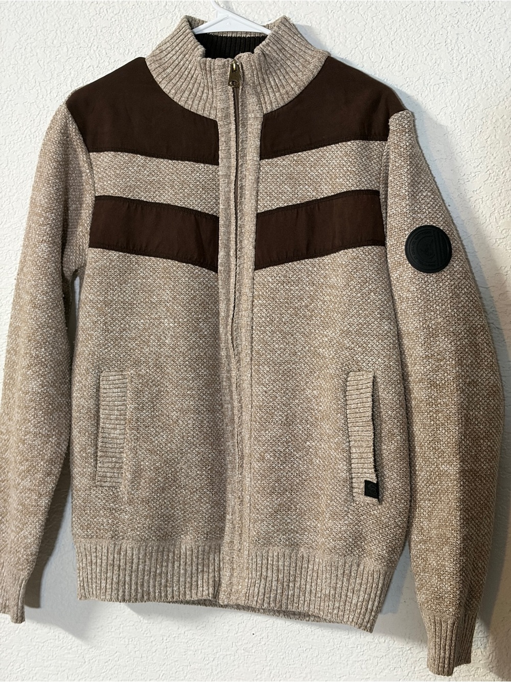 Buffalo David Bitton Beige and Brown Zip Front Cardigan Sweater fleece lined